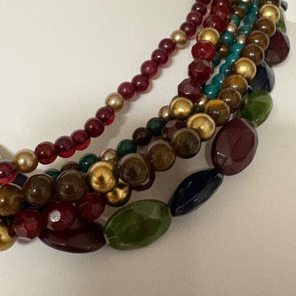 Jewel Tone Multi Strand Beaded Necklace Maroon Green Gold Tone Boho Statement - Picture 6 of 7